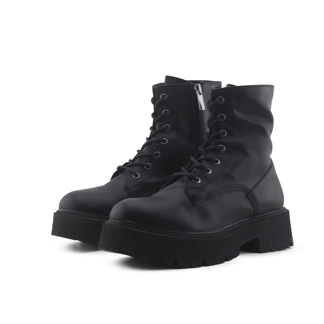 Bershka Zipper Lace Up Combat Ankle Boots (100% Authentic Leather)