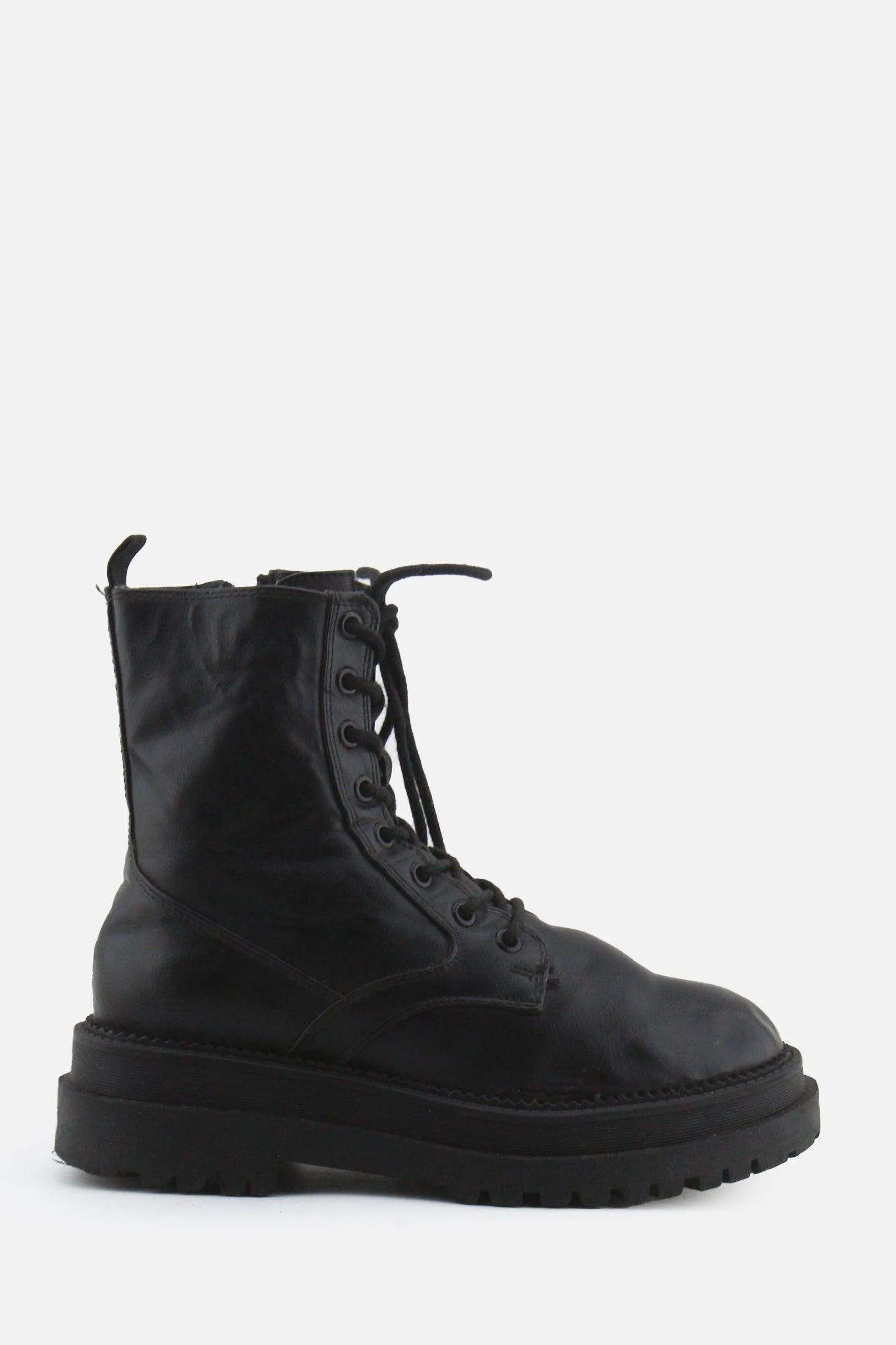 Stradivarius Zipper Laces Combat Ankle Boots | 100% Authentic Leather - sundaybazar