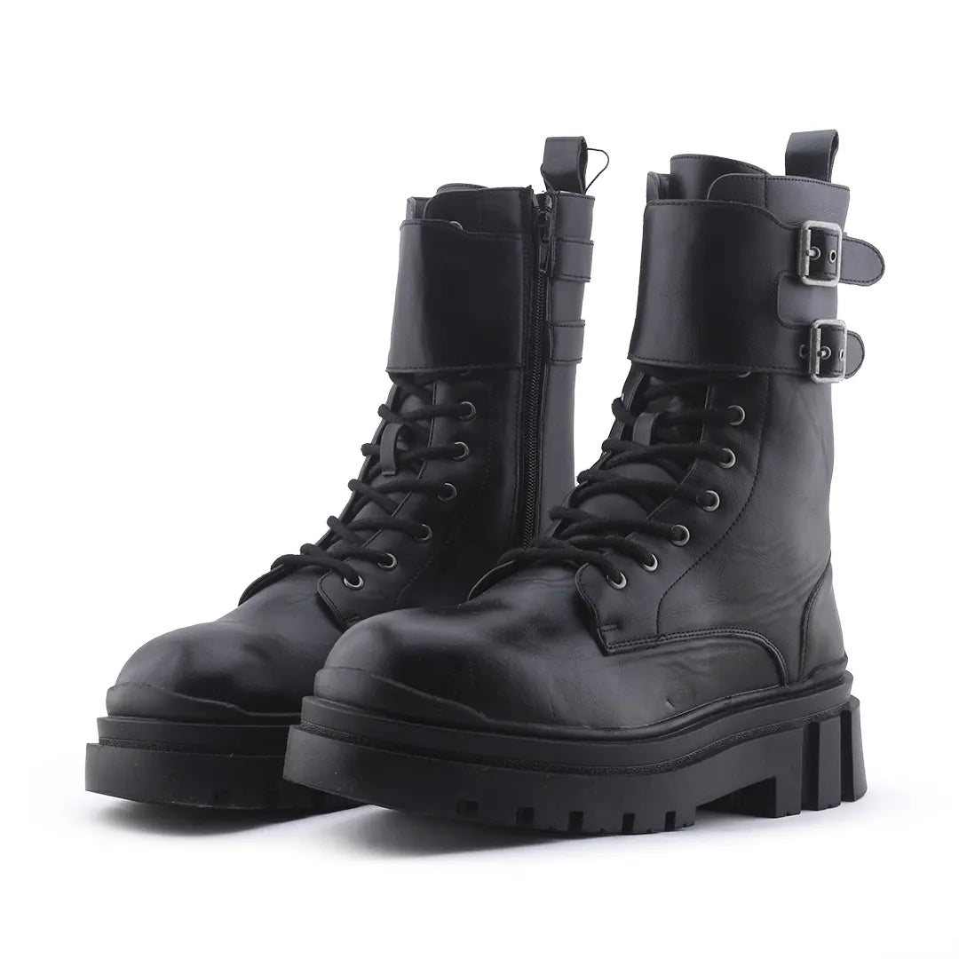 Bershka Zipper Buckle Strap Lace Up Ankle Boot | 100% Authentic Leather