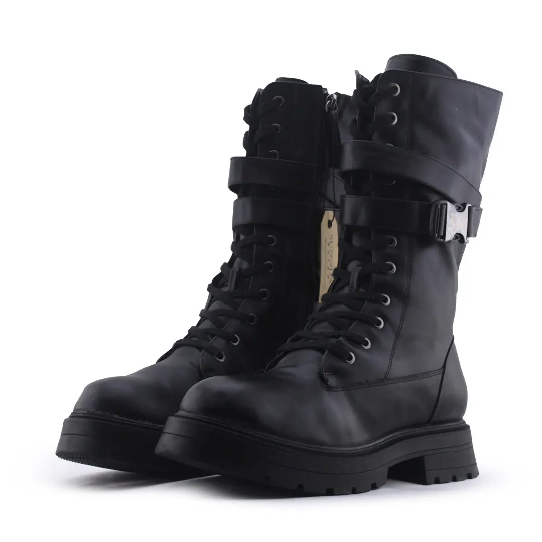 Bershka Zipper Buckle Strap Lace Up Ankle Boot | 100% Authentic Leather