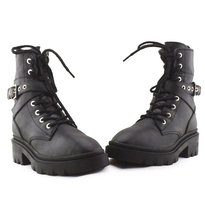 Stradivarius Buckle Straps Laces Combat Ankle Boots | 100% Authentic Leather - sundaybazar