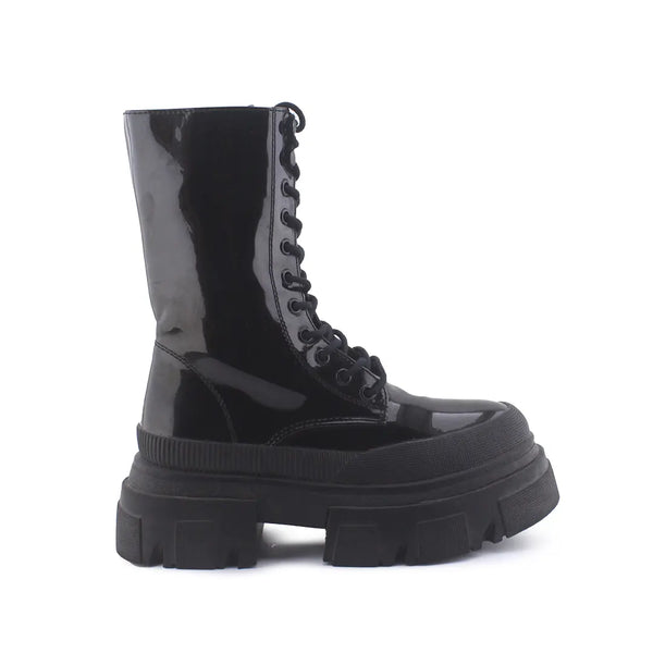 Bershka Zipper Lace Up Patent Combat Ankle Boots (100% Synthetic Leather)