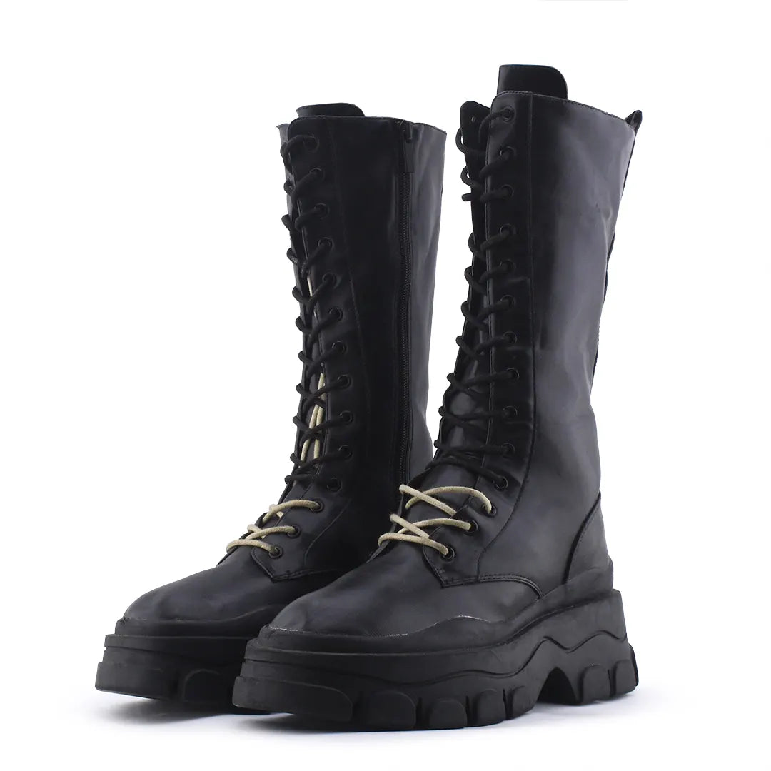 Pull & Bear Zipper Lace Up Knee High Boot | 100% Authentic Leather