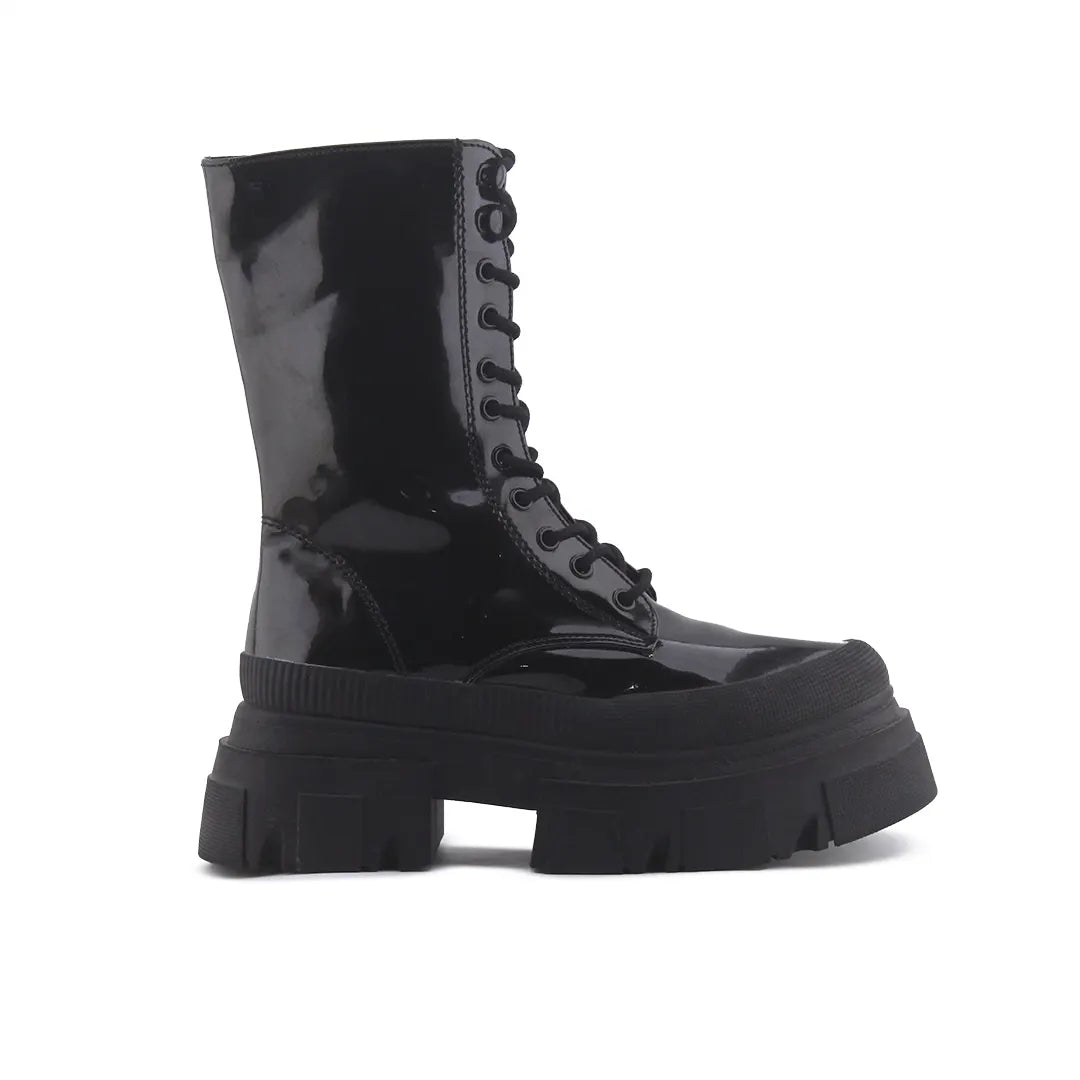 Bershka Zipper Lace Up Patent Combat Ankle Boots (100% Authentic Leather)