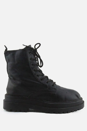 Stradivarius Zipper Laces Combat Ankle Boots | 100% Authentic Leather - sundaybazar