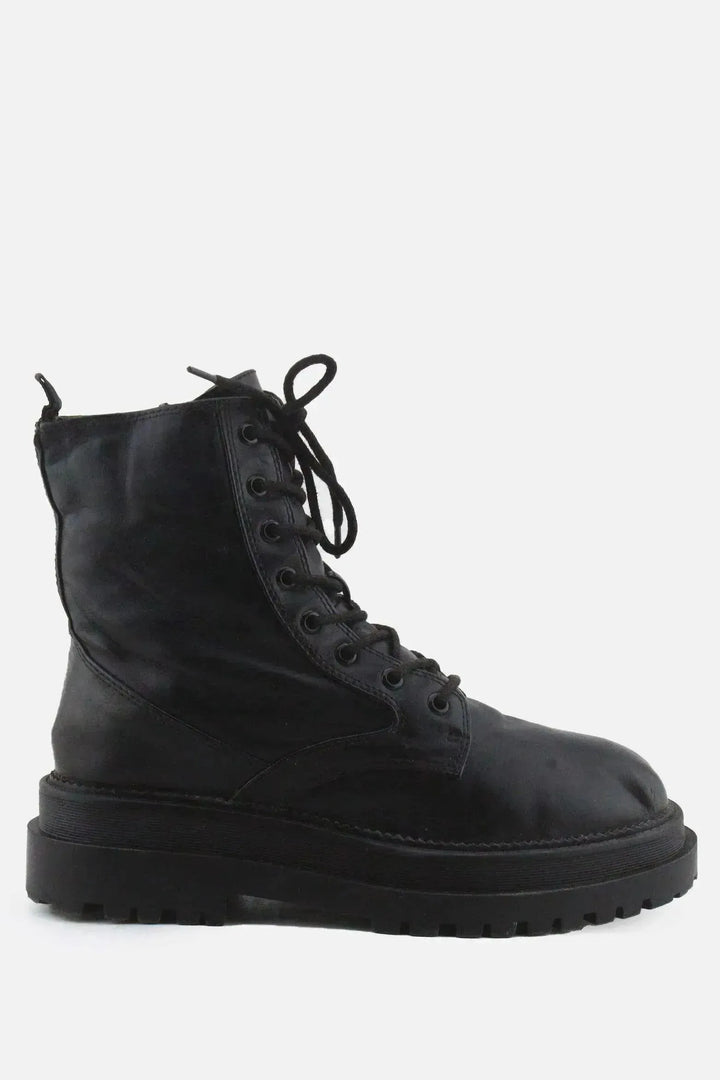 Stradivarius Zipper Laces Combat Ankle Boots | 100% Authentic Leather - sundaybazar