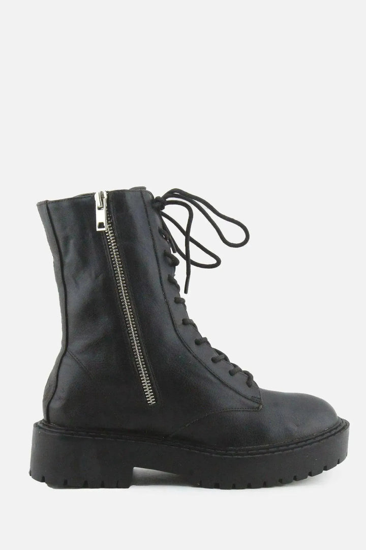 Bershka Zipper Laces Combat Ankle Boots | 100% Authentic Leather - sundaybazar