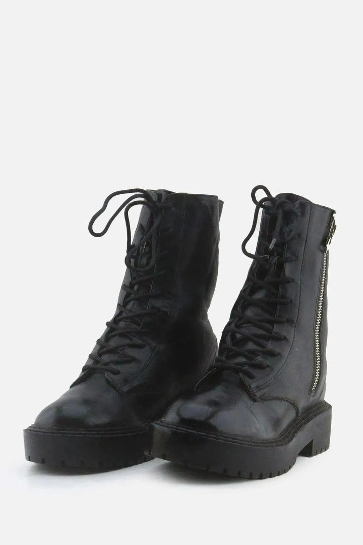 Bershka Zipper Laces Combat Ankle Boots | 100% Authentic Leather - sundaybazar