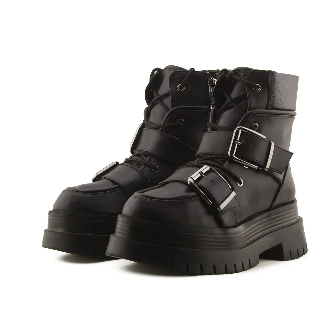 Bershka Zipper Buckle Strap Lace Up Ankle Boot | 100% Authentic Leather