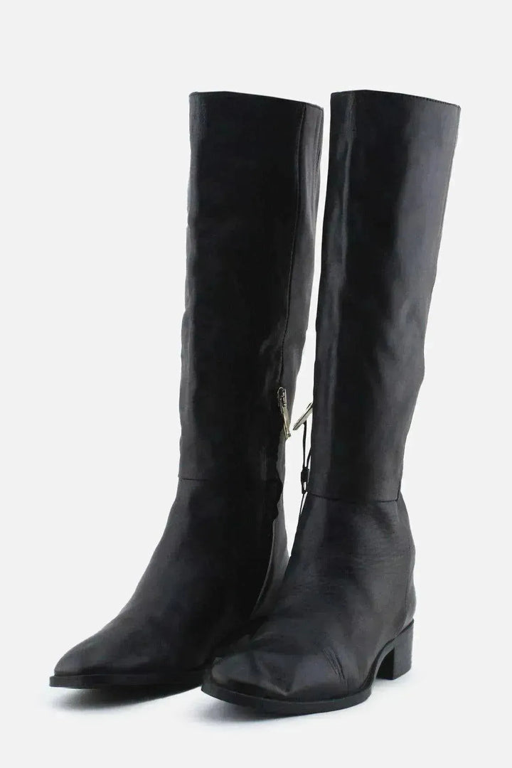 Zara Zipper Block Knee High Boots | 100% Authentic Leather - sundaybazar