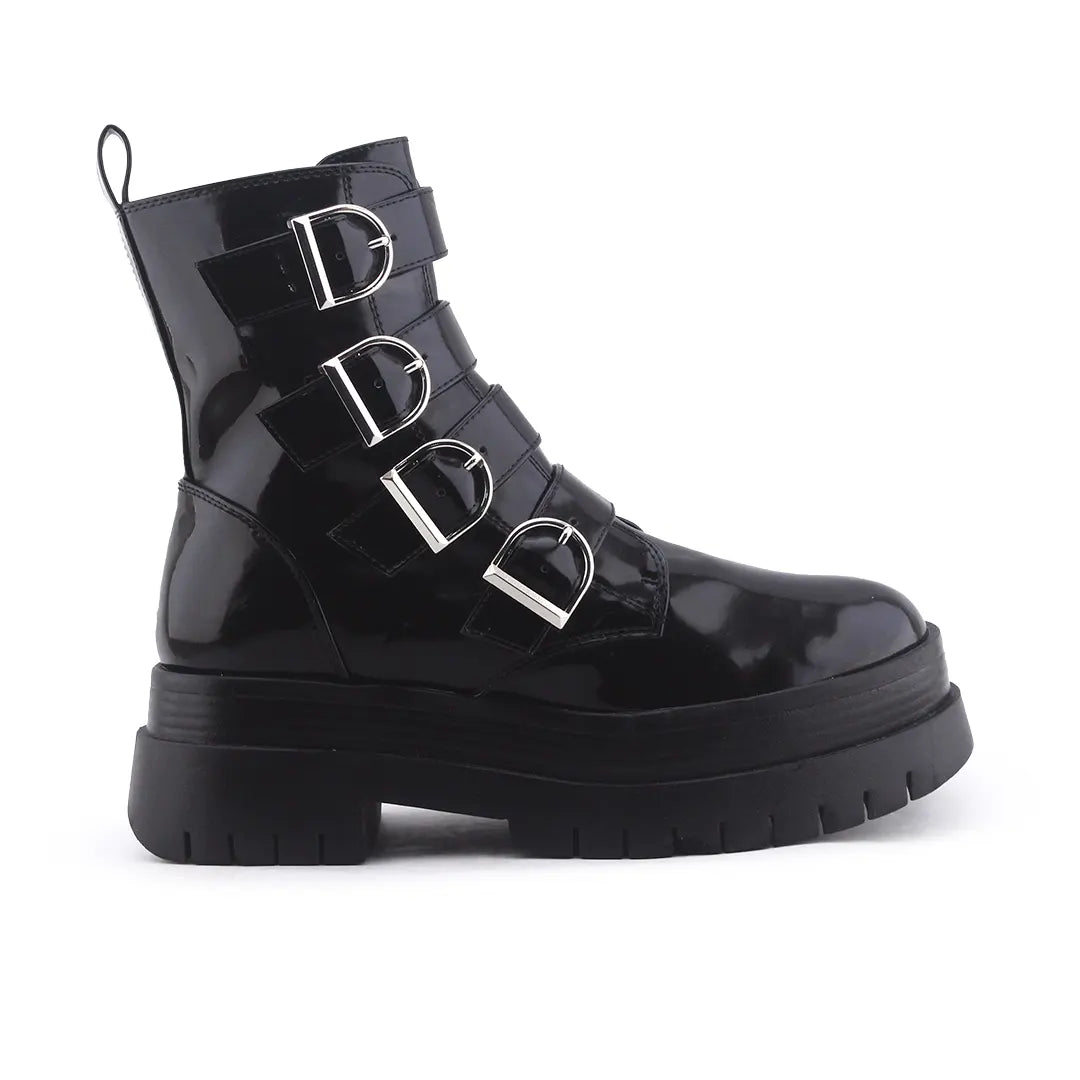Bershka Zipper Buckle Strap Patent Ankle Boot