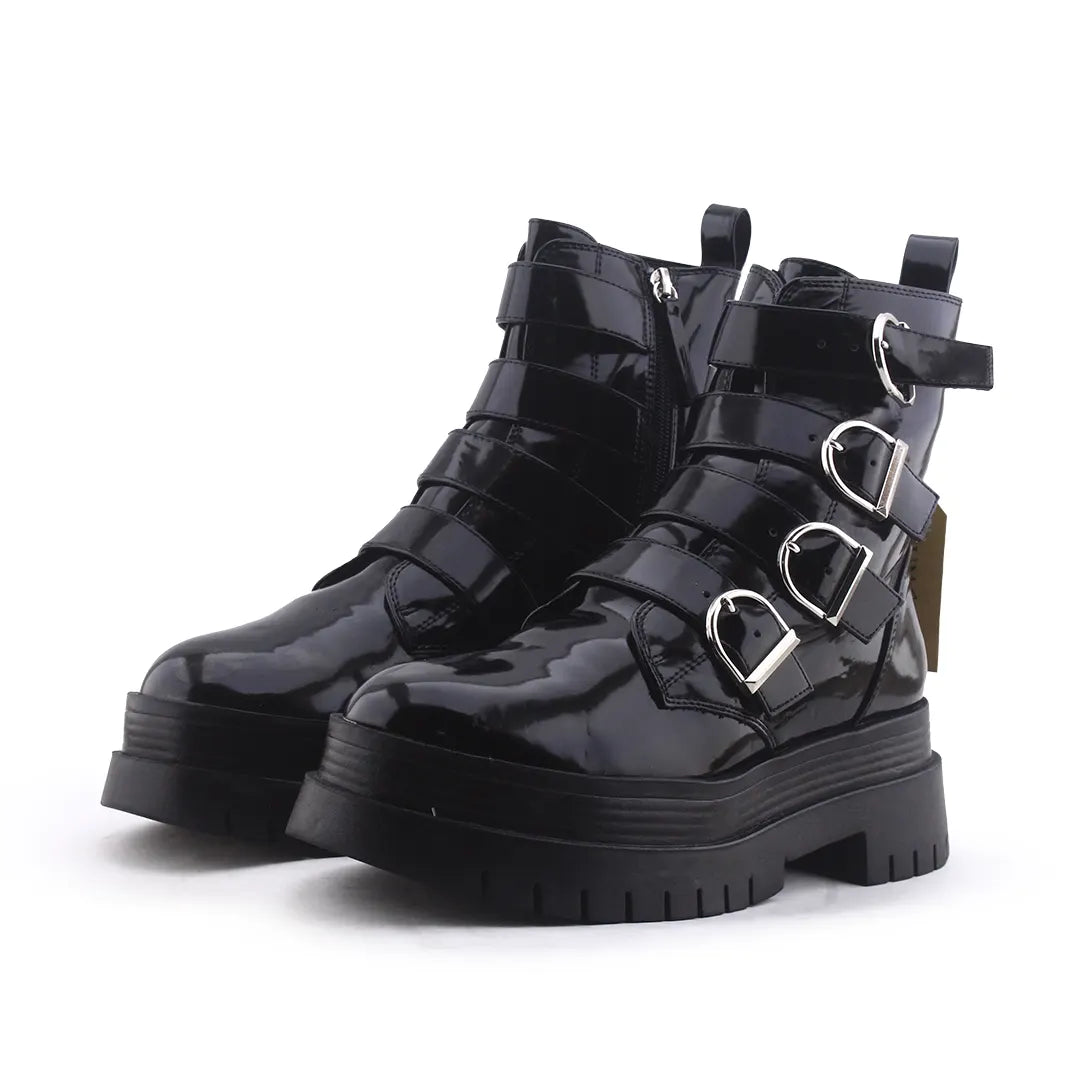 Bershka Zipper Buckle Strap Patent Ankle Boot