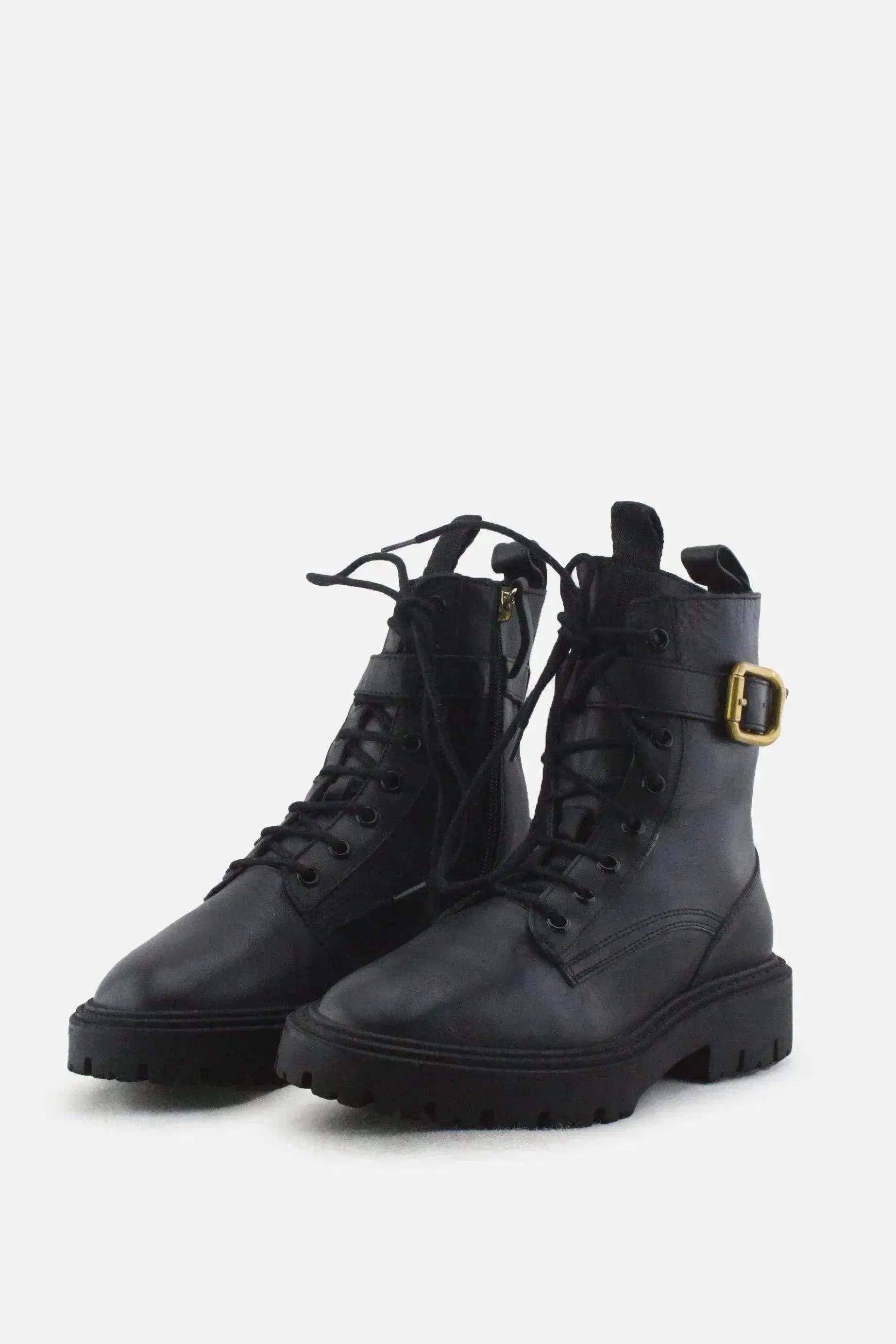 Zara Zipper Buckle Straps Combat Ankle Boots |100% Authentic Leather - sundaybazar