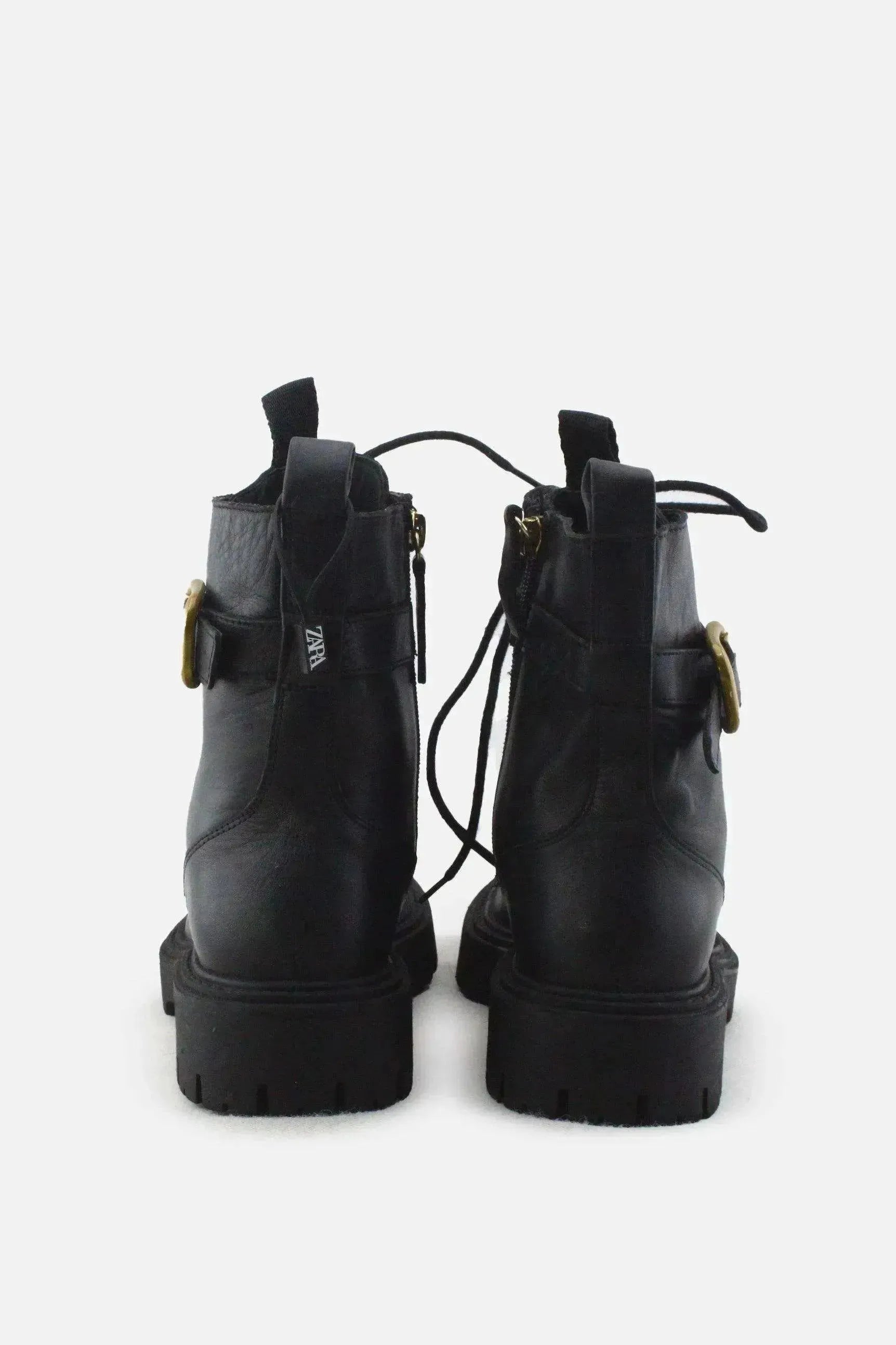 Zara Zipper Buckle Straps Combat Ankle Boots |100% Authentic Leather - sundaybazar