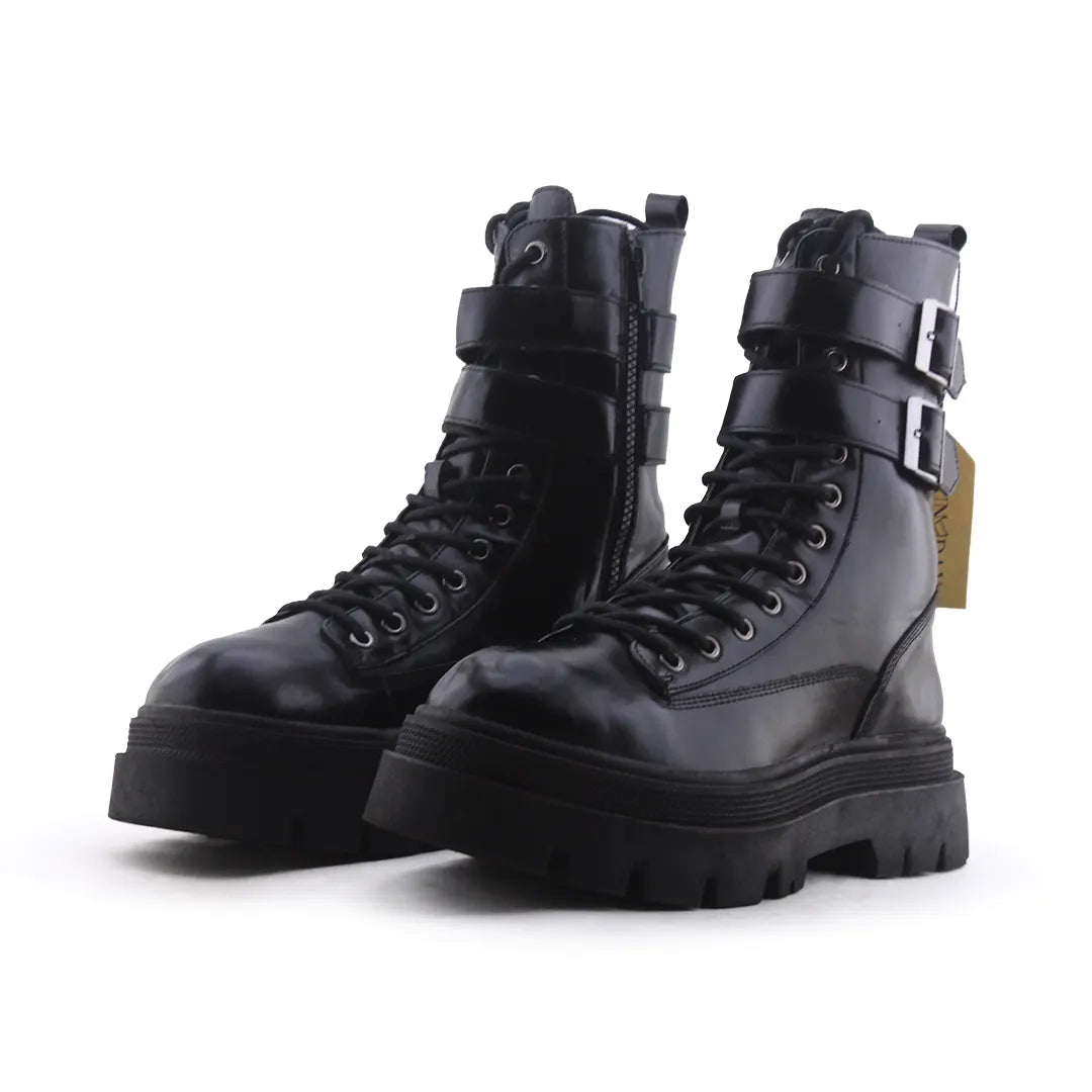 Bershka Zipper Lace Up Buckle Strap Ankle Boot | 100% Authentic Leather