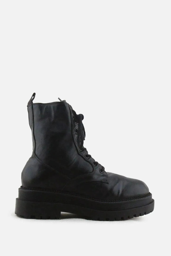 Stradivarius Zipper Laces Combat Ankle Boots | 100% Authentic Leather - sundaybazar