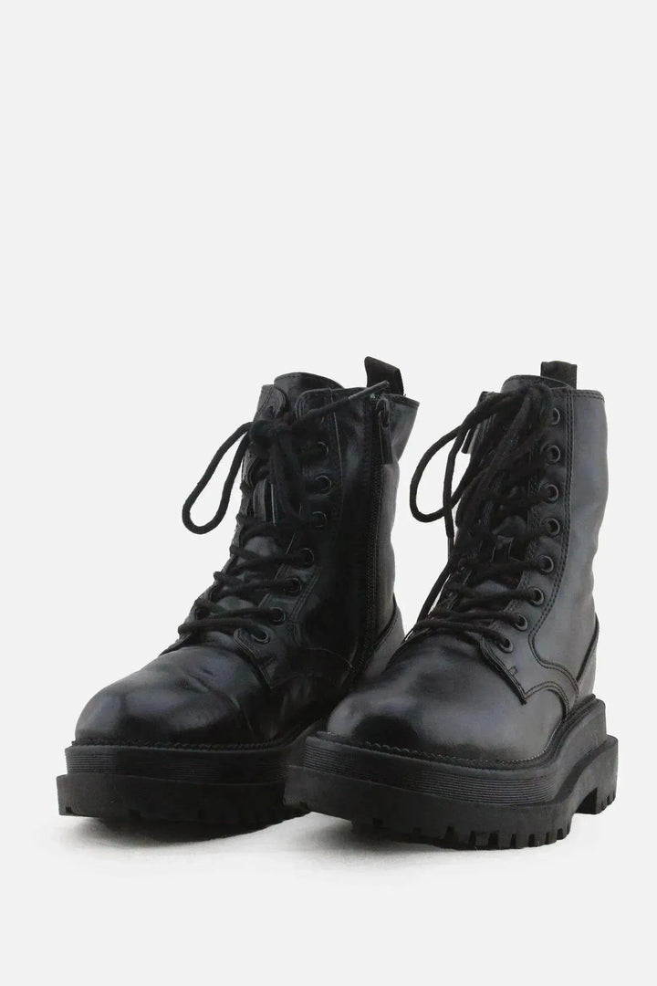 Stradivarius Zipper Laces Combat Ankle Boots | 100% Authentic Leather - sundaybazar