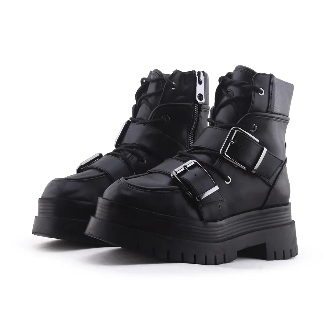 Bershka Zipper Lace Up Buckle Strap Ankle Boot | 100% Authentic Leather