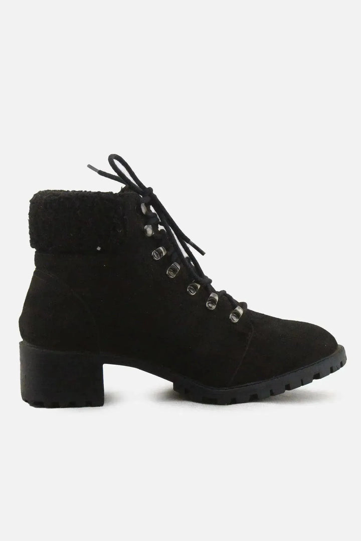 Primark Laces Block Heels Snow Ankle Boots | Suede - sundaybazar