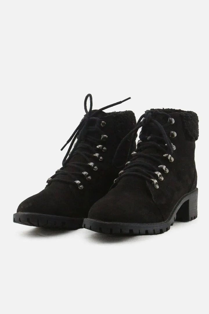 Primark Laces Block Heels Snow Ankle Boots | Suede - sundaybazar