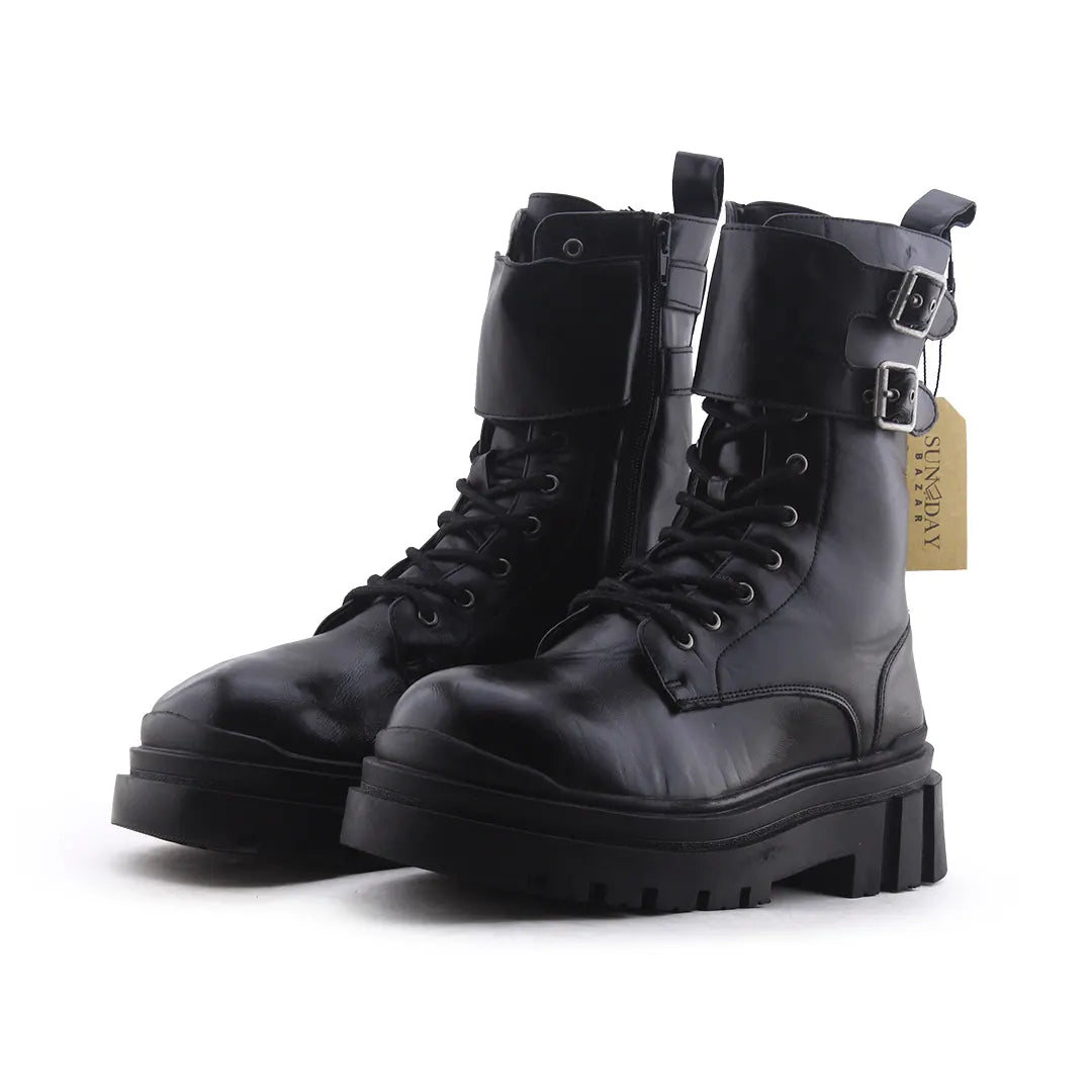 Bershka Zipper Lace Up Buckle Strap Ankle Boot | 100% Authentic Leather