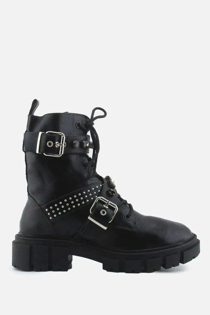 Stradivarius Zipper Laces Buckle Straps Combat Ankle Boots | 100% Authentic Leather - sundaybazar
