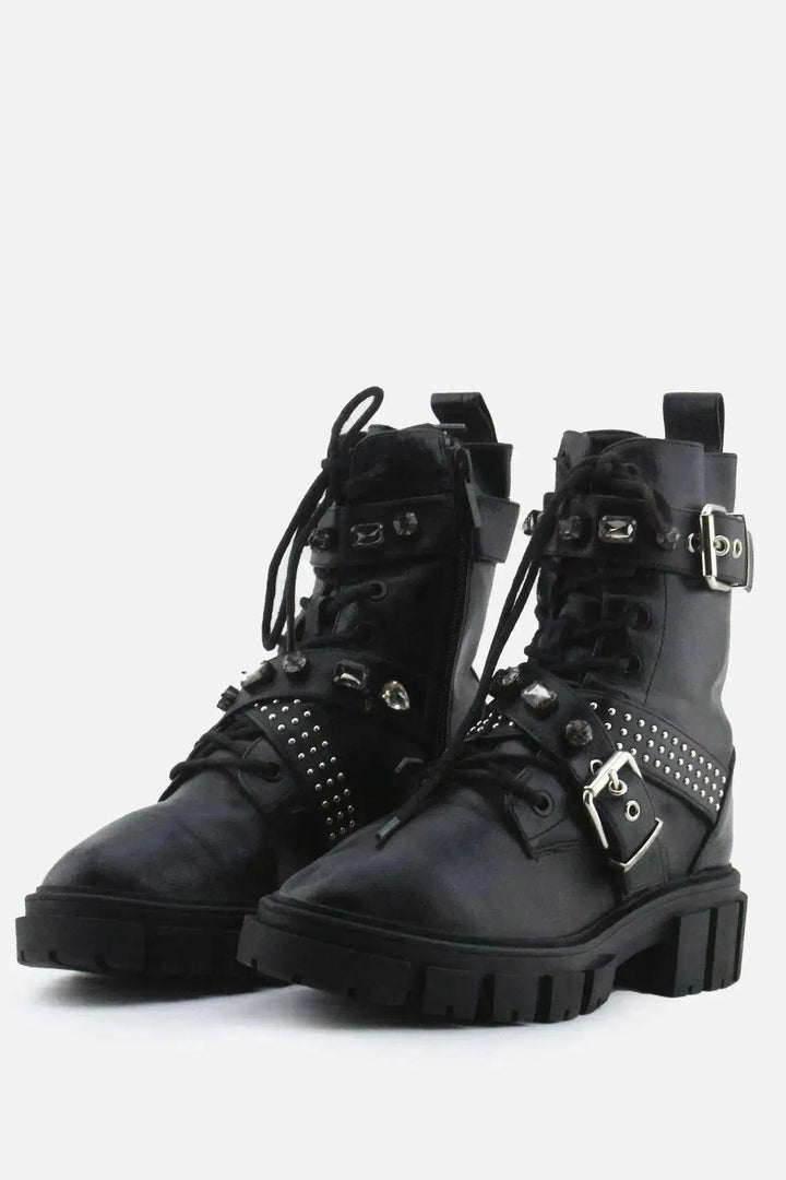 Stradivarius Zipper Laces Buckle Straps Combat Ankle Boots | 100% Authentic Leather - sundaybazar