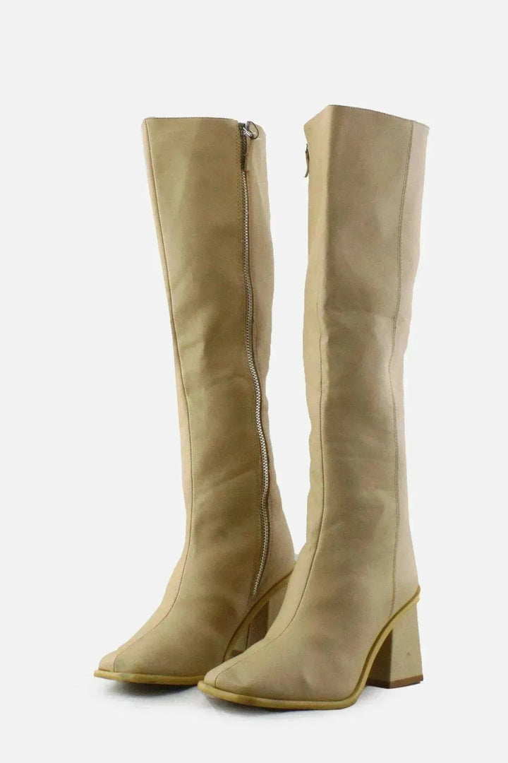 Pull & Bear Zipper Block Knee High Boots | 100% Authentic Leather - sundaybazar