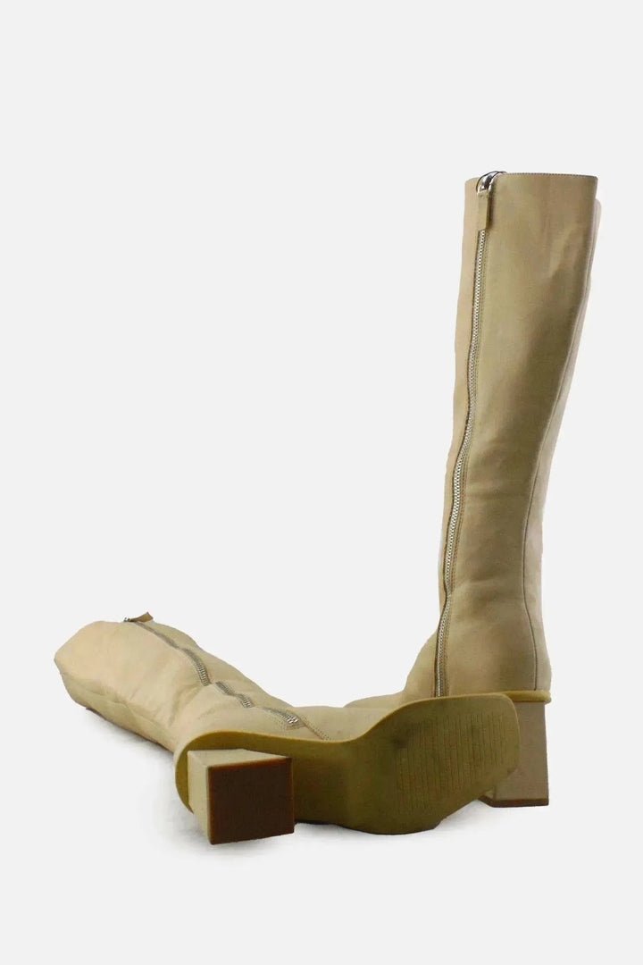 Pull & Bear Zipper Block Knee High Boots | 100% Authentic Leather - sundaybazar