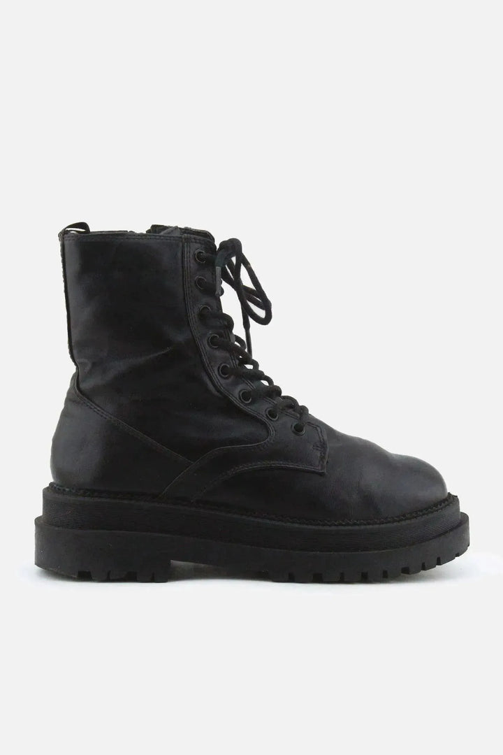 Stradivarius Zipper Laces Combat Ankle Boots | 100% Authentic Leather - sundaybazar