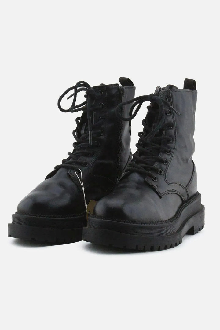 Stradivarius Zipper Laces Combat Ankle Boots | 100% Authentic Leather - sundaybazar