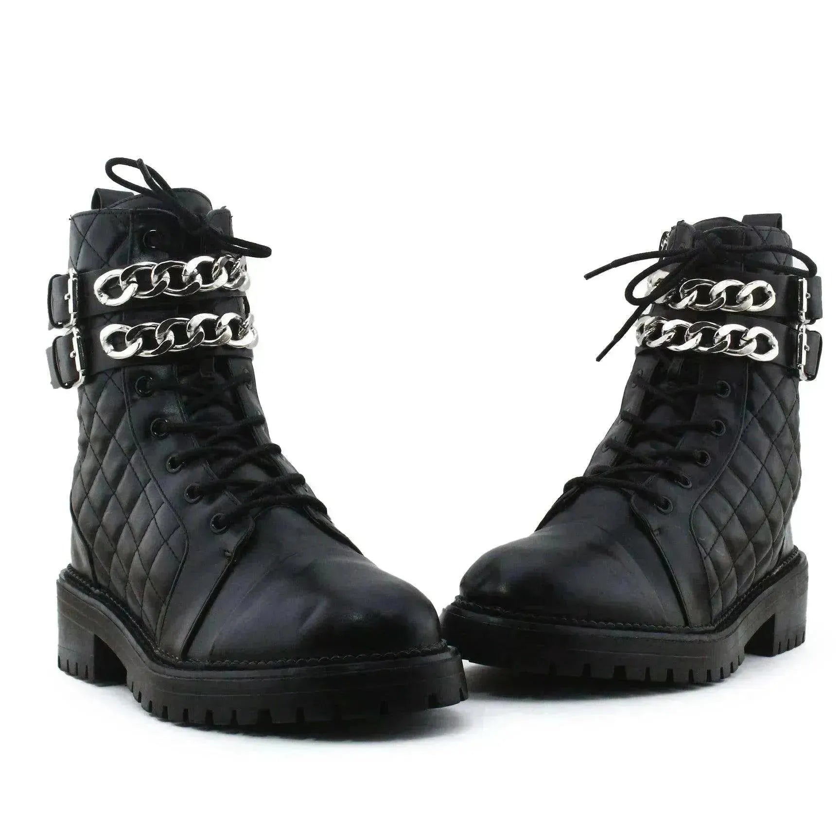 Stradivarius Zipper Laces Buckle Chain Straps Ankle Boots | 100% Authentic Leather - sundaybazar